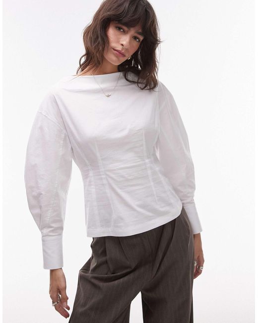 TOPSHOP White Poplin Barrel Sleeve Cinch Top