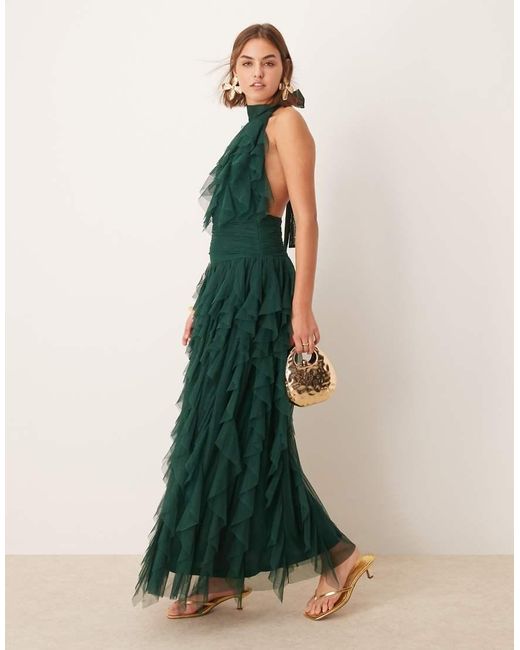 LACE & BEADS Green Ruffle Tulle Maxi Dress