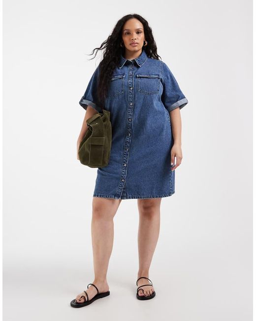 Vero Moda Blue Short Sleeve Button Front Denim Mini Dress