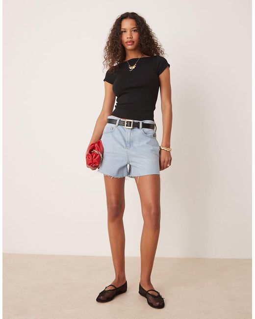 Gina Tricot Slim-Fit Geribbelde Top Met Korte Mouwen En Boothals in het Black
