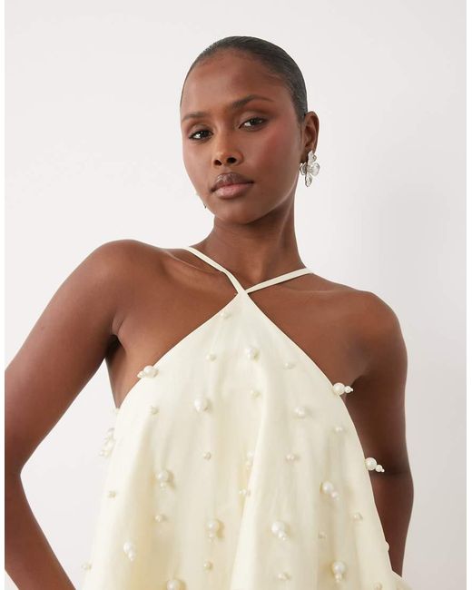 ASOS Natural Halter Neck Mini Dress With Pearl Embellished Beads