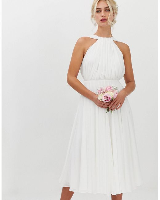 ASOS White Halter Midi Wedding Dress With V Back