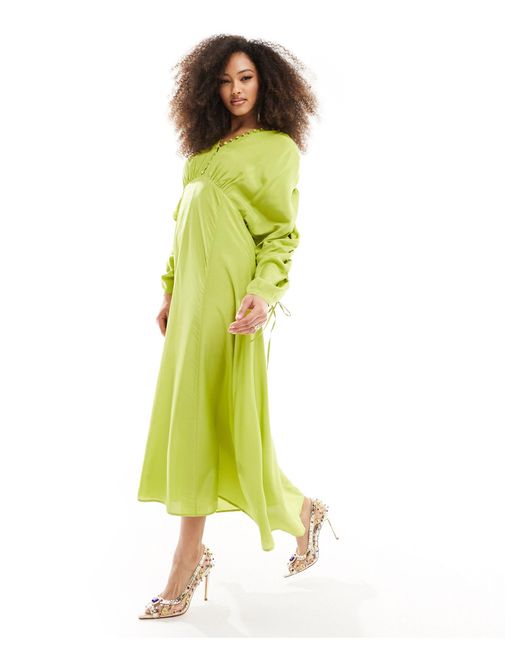 & Other Stories Yellow Drapey Midaxi Dress With Ruche Tie Volume Sleeves
