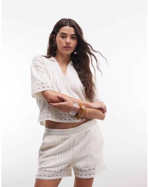 AllSaints White Elma Co-ord Short Sleeve Crochet Polo Top With Back Logo