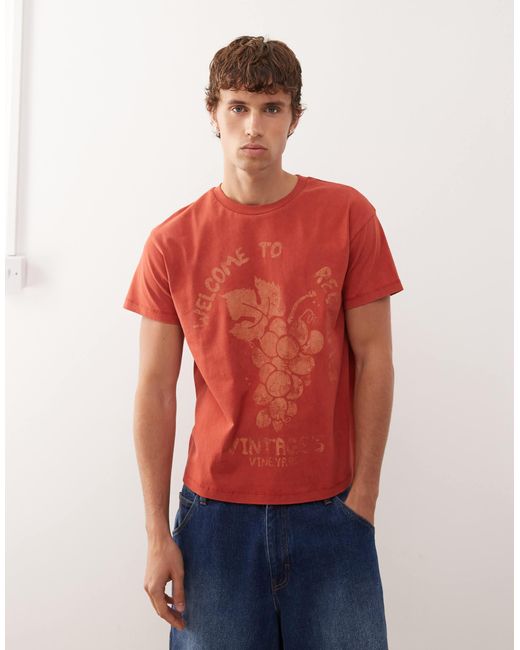 Reclaimed (vintage) Red Slim Cropped Boxy Tee With Fruit Graphic Print for men