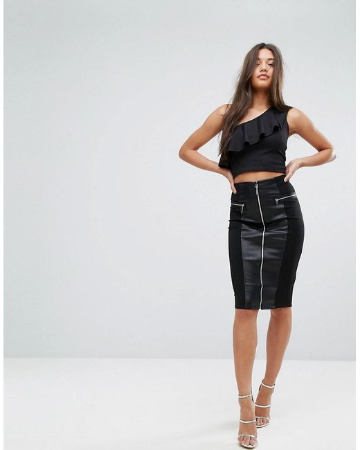 Lipsy Black Michelle Keegan Loves Faux Leather Panelled Pencil Skirt