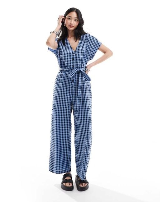 Monki Blue Seersucker Tie Waist Jumpsuit