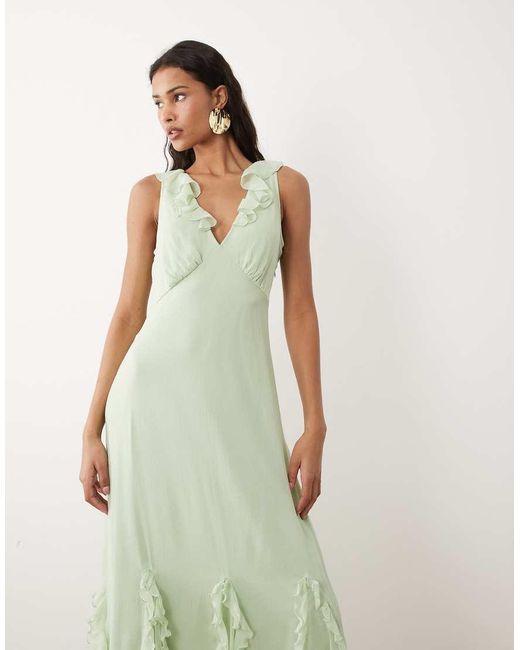 Vila Green Frill Trim Chiffon Maxi Dress