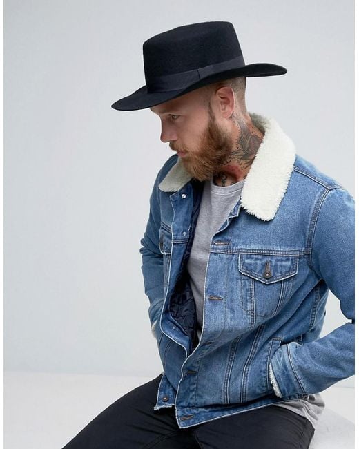 ASOS Flat Top Hat In Black Felt With Wide Brim for Men | Lyst Canada