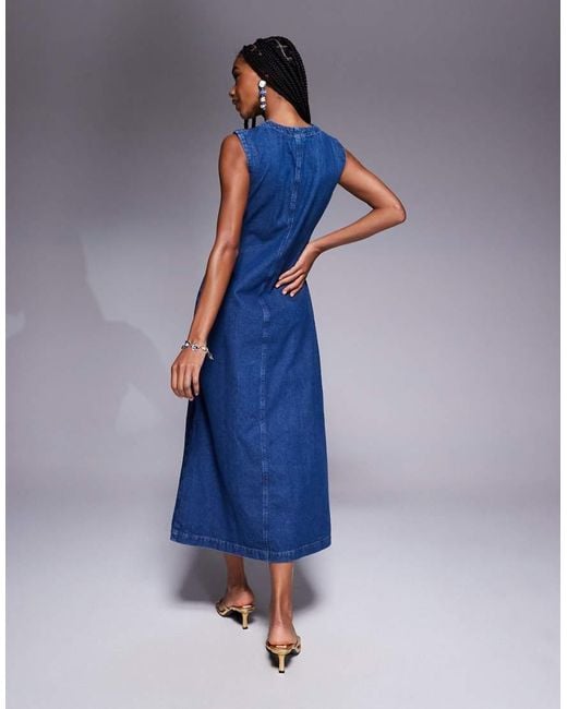 ASOS Blue Round Neck Denim Maxi Dress With Button Front Opening