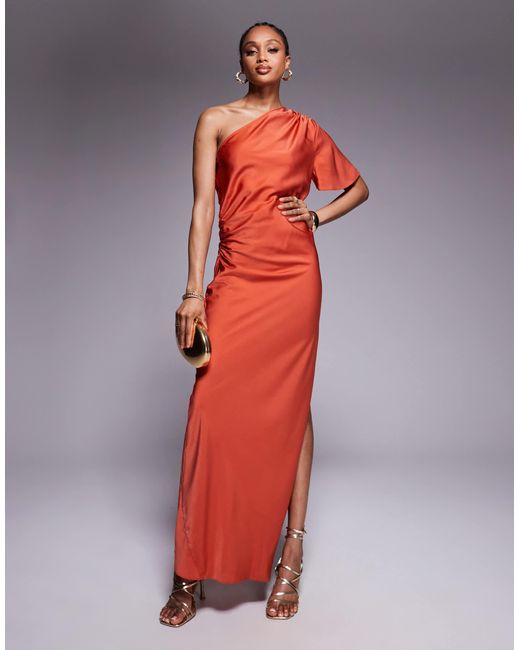 ASOS Red Asos Design Tall Satin One Shoulder Flutter Sleeve Midi Dress