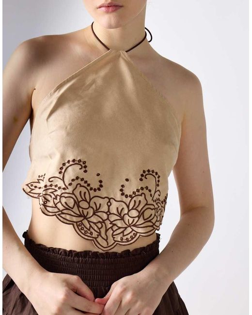Glamorous Multicolor Embroidered Halter Neck Handkerchief Top
