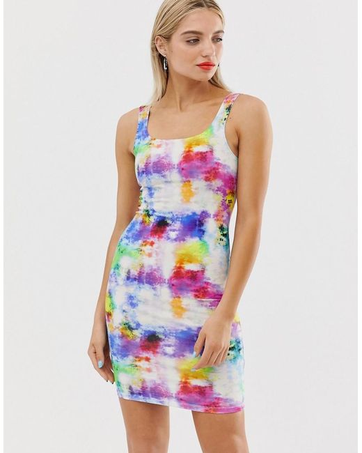 Monki Denim Mini Bodycon Cami Dress In Rainbow Tie Dye - Lyst