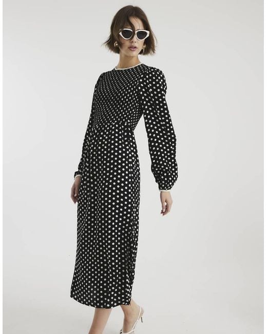 River Island White Long Sleeve Shirred Polka Dot Midi Dress