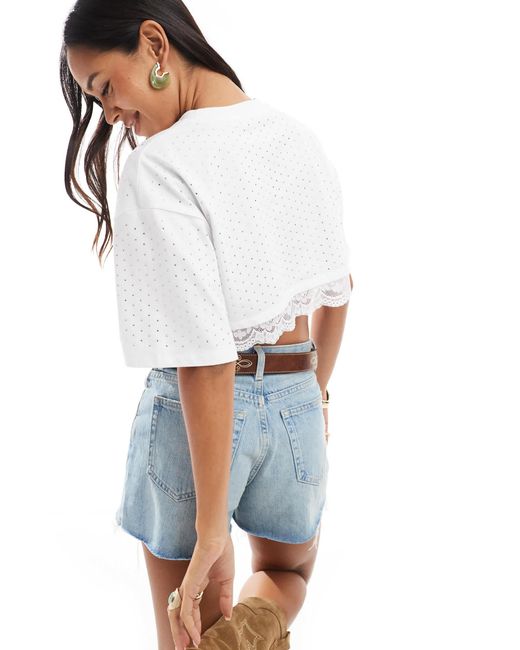 The Frolic White Exclusive Hotfix Oversized Crop Top With Peekaboo Lace Detail