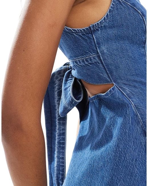 ASOS Blue Denim Peplum Top With Bow Back Detail