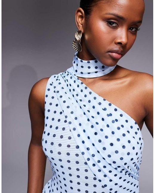 Ruched & Ready Blue One Shoulder Halterneck Scarf Detail Ruched Waist Maxi Dress