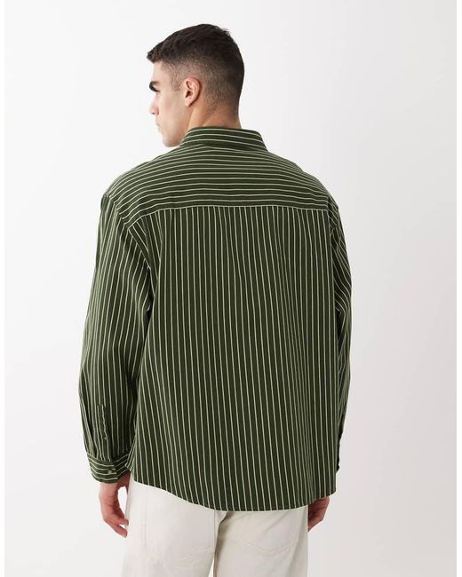 ASOS Green Oversized Twill Striped Shirt With Chest Embroidery for men