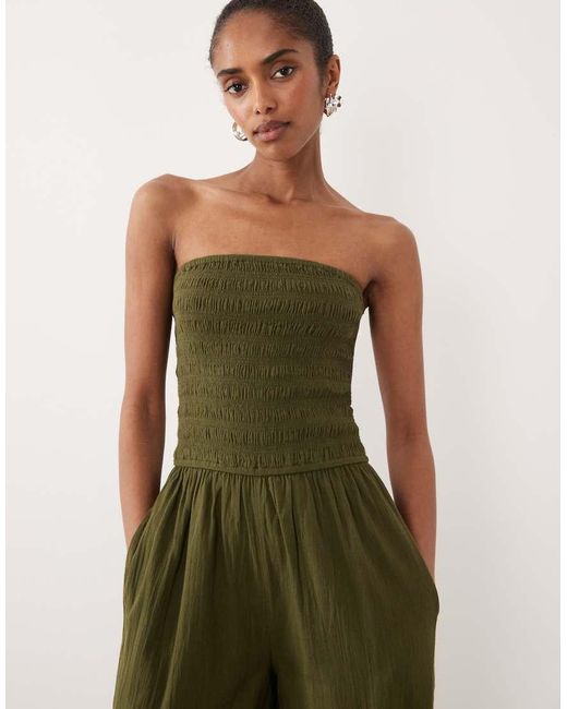Nobody's Child Green Carly Cotton Bandeau Shirred Bodice Balloon Leg Jumpsuit