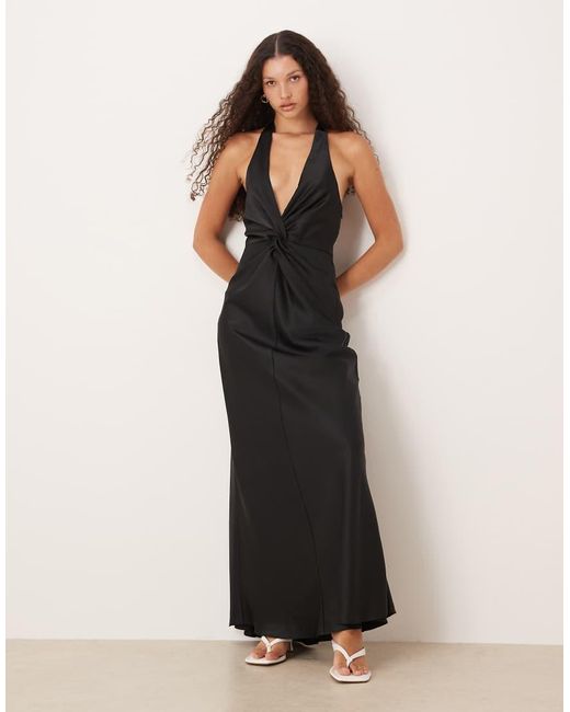 Six Stories Black Twist Front Satin Maxi Dress