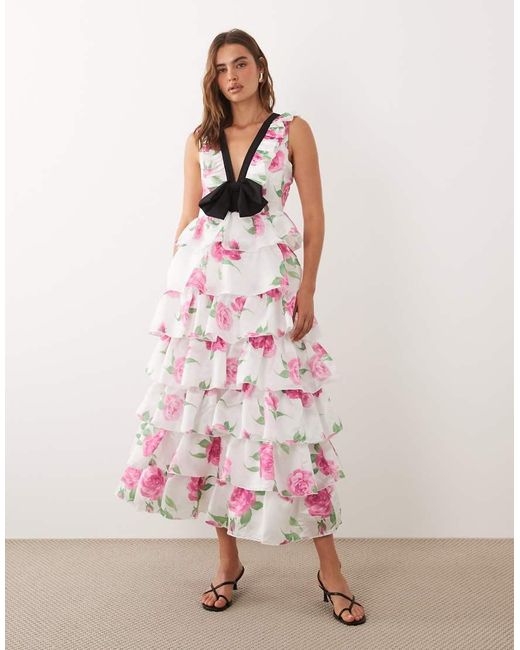 Sister Jane Pink Dream Pernilla V-Neck Sleeveless Bow Detail Tiered Ruffle Skirt Maxi Dress