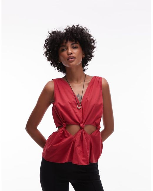 Top De Tirantes Con Detalles Anudados En La Cintura De Voile De Algodón De TOPSHOP de color Red