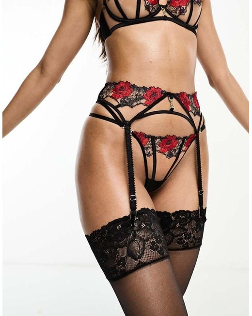Ann Summers Black Caged Rose Suspender Belt With Embroidery
