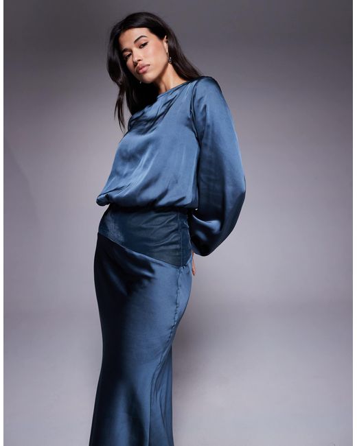 ASOS Blue Satin Slash Neck Velvet Panelled Maxi Dress