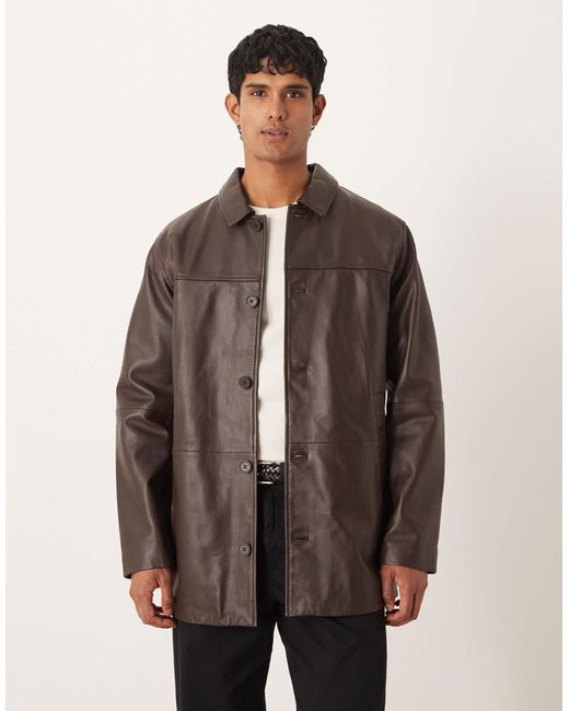 ASOS Brown Mid Length Leather Shacket for men