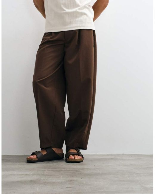 ASOS Brown Tailored Pleated Wide Barrel Leg Trousers for men