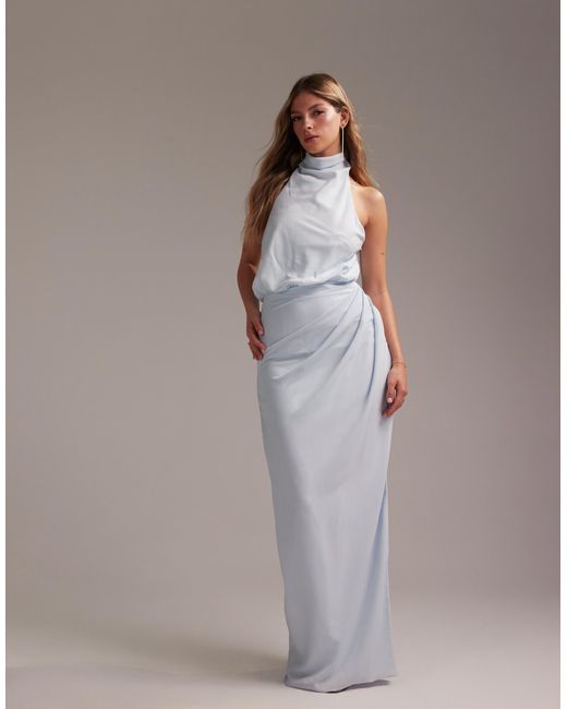 ASOS Gray Draped Halter Column Crepe Maxi Dress