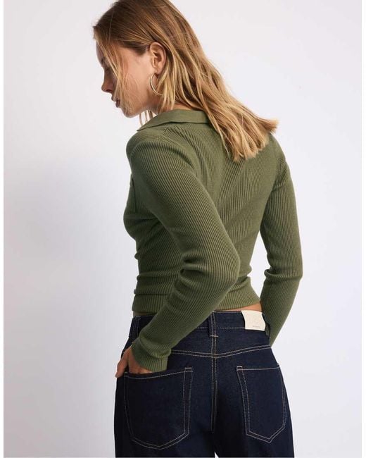 Stradivarius Blue Polo Collar Knit Jumper With Pockets