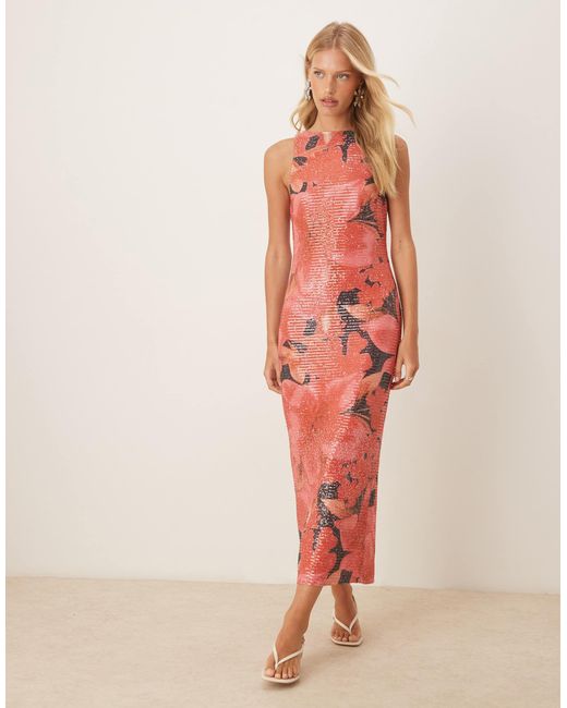 Pretty Lavish Orange – midaxi-kleid mit paillettenbesatz und überdimensionalem, buntem blumenmuster