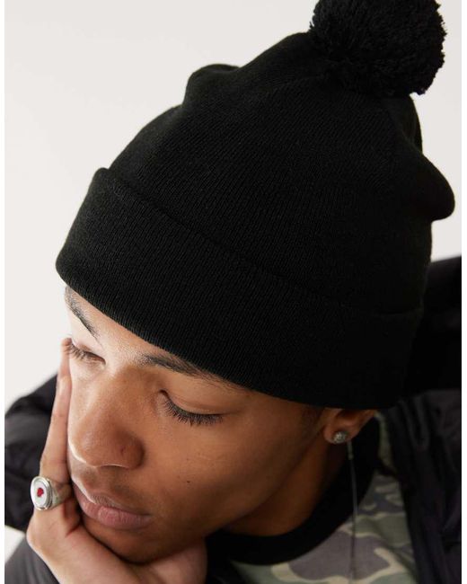 Weekday Black Skater Bobble Beanie for men