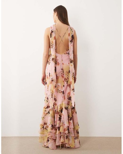 ASOS Pink Asos Design Tall Halter Maxi Dress With Scarf Detail And Ruffle Hem