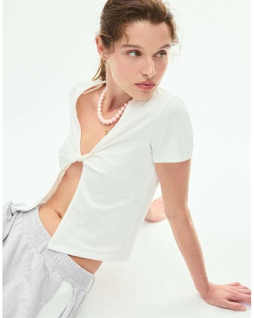 Stradivarius White Knot Detail Short Sleeve T-shirt