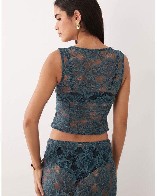 ASOS Co-ord Lace Plunge Top in Blue | Lyst