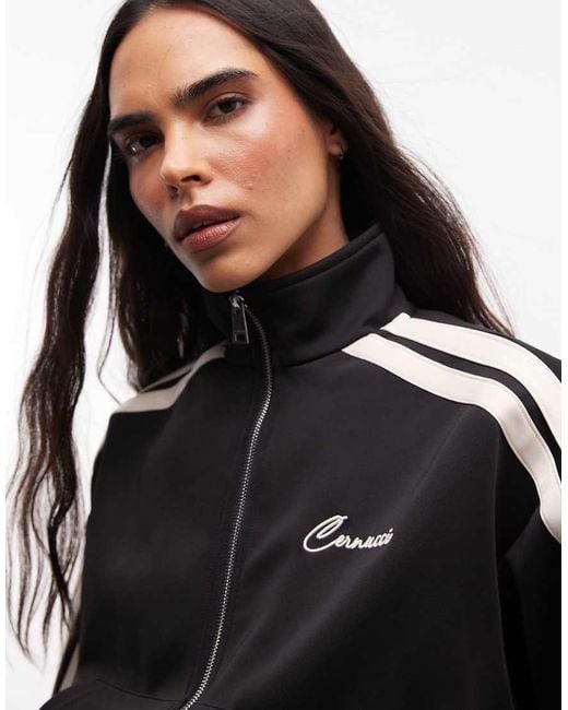 CERNUCCI Black Funnel Neck Cropped Logo Jacket Co-Ord With Side Taping