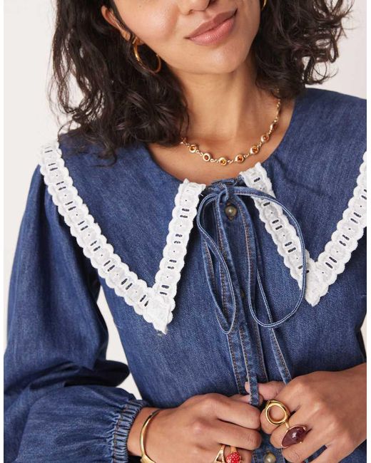 Vestido Vaquero Corto De Manga Larga Con Lavado Y Solapas Extragrandes De ASOS de color Blue