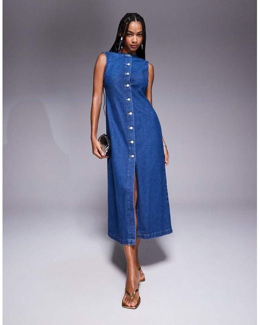 ASOS Blue Round Neck Denim Maxi Dress With Button Front Opening