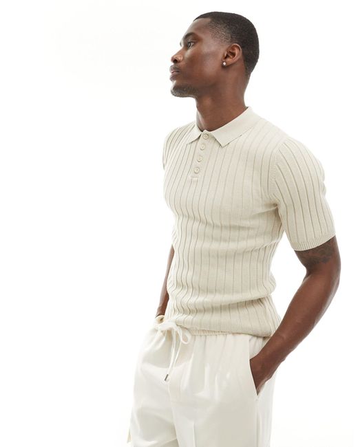 ASOS White Muscle Lightweight Knitted Rib Revere Polo T-shirt for men
