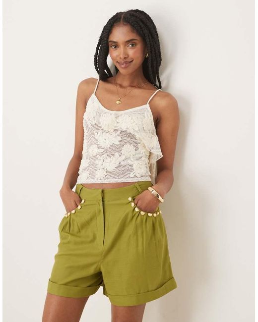 ASOS Elegante Short Met Linnenlook, A-Lijn En Pareldetail in het Green