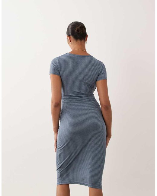 Mama.licious Blue Mamalicious Maternity Short Sleeve Knot Front Midi Dress With Nursing Function