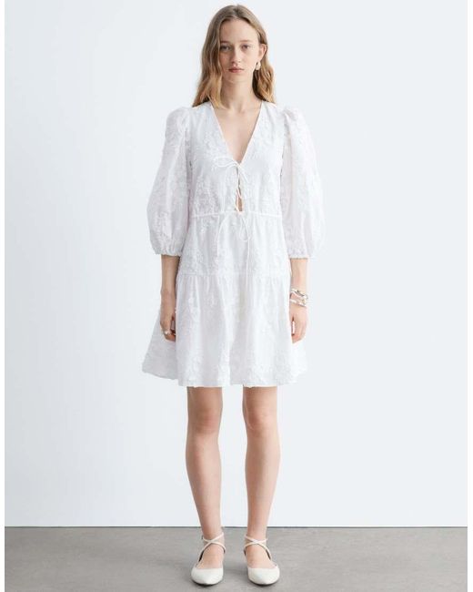 & Other Stories White Embroidered Mini Dress With Front Tie Detail And Tiered Hem