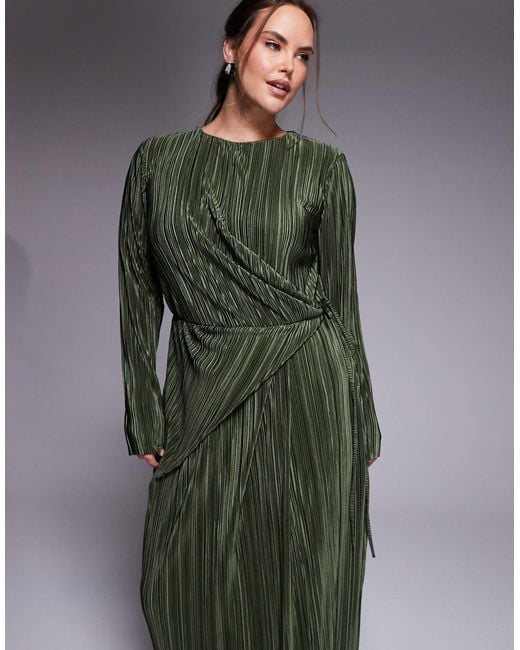 ASOS Green Asos Design Curve Plisse Long Sleeve Wrap Tie Waist Maxi Dress