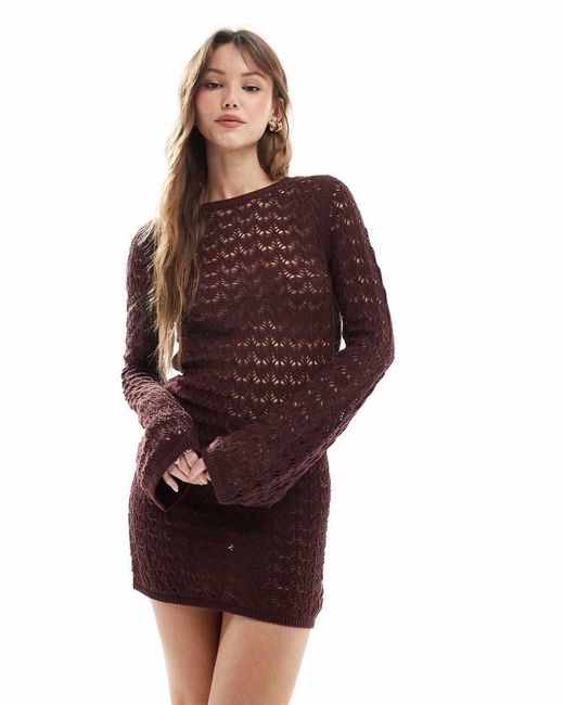 Miss Selfridge Red Crochet Low Back Long Sleeve Mini Dress
