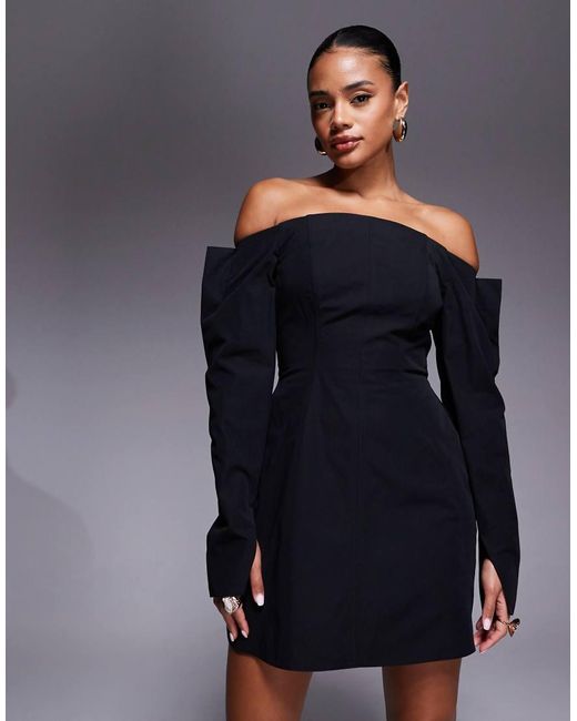 ASOS Blue Structured Long Sleeve Bardot Mini Dress With Seam Detailing