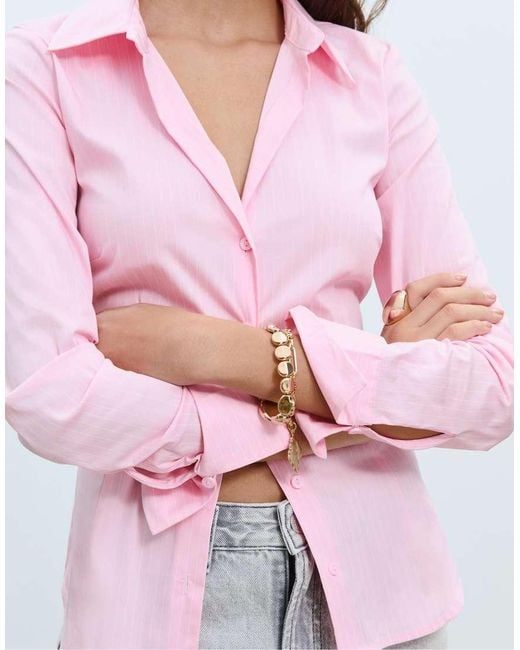 Stradivarius Pink Basic Striped Fitted Shirt