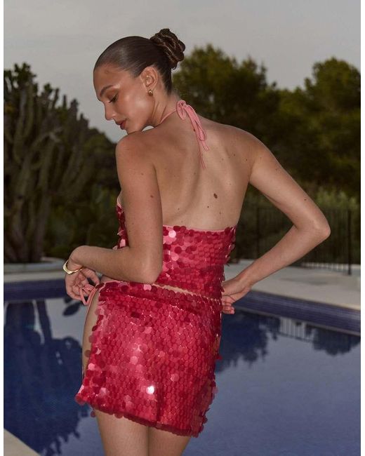 The Frolic Pink Exclusive Disc Sequin Tie Side Split Detail Mini Skirt