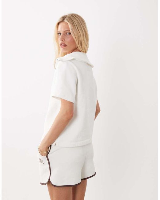 4th & Reckless White Cotton Multiway Zip Through Detail Logo Embroidered Polo Top